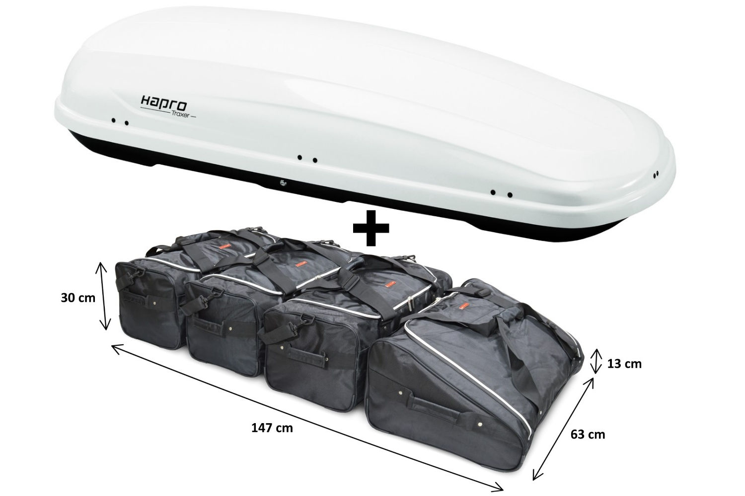Roof box Hapro Traxer 8.6 Pure White with Car-Bags.com bag set