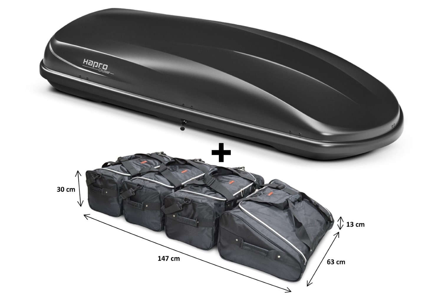 Roof box Hapro Cruiser 10.8 Anthracite with Car-Bags.com bag set