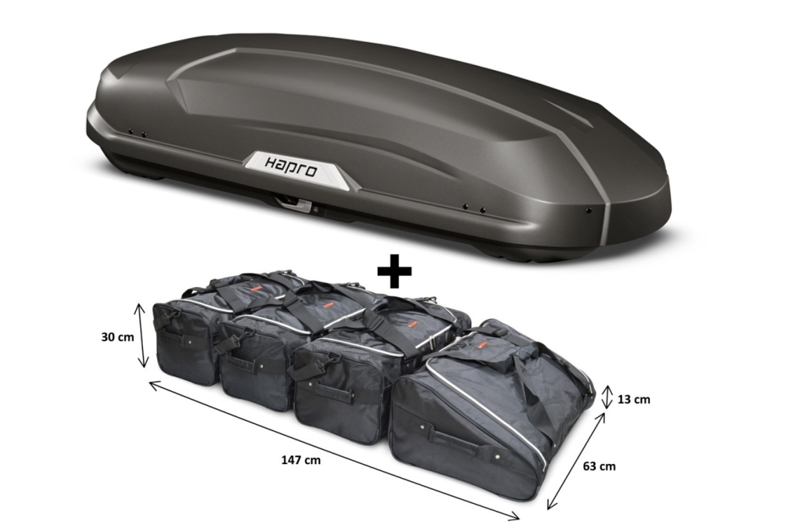 Roof box Hapro Trivor 440 Supermatt Anthracite with Car-Bags.com bag set