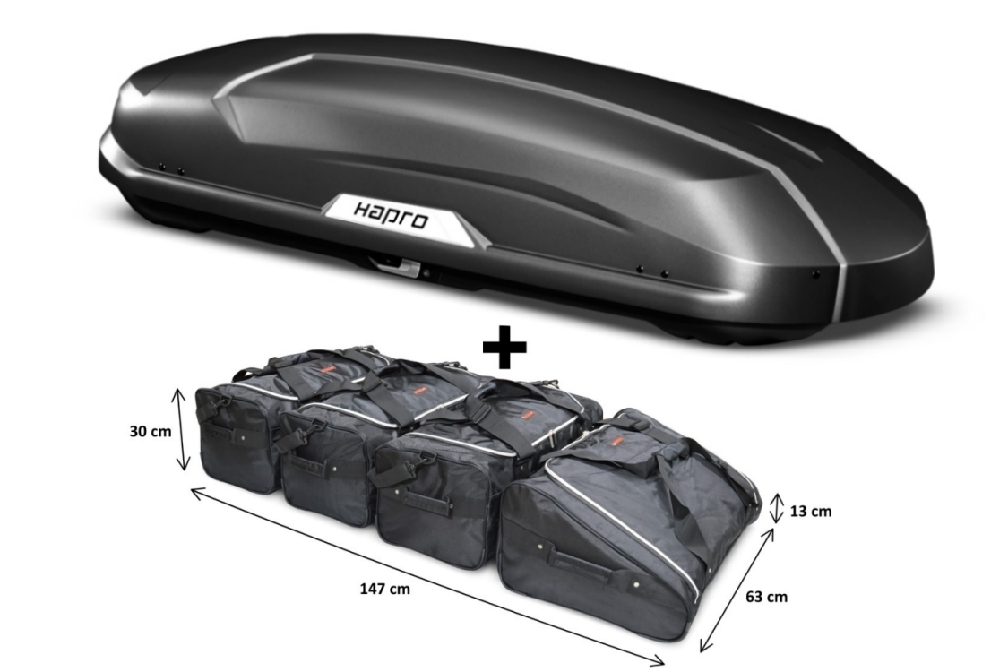 Dachbox Hapro Trivor 560 Anthracite mit Car-Bags.com Taschenset