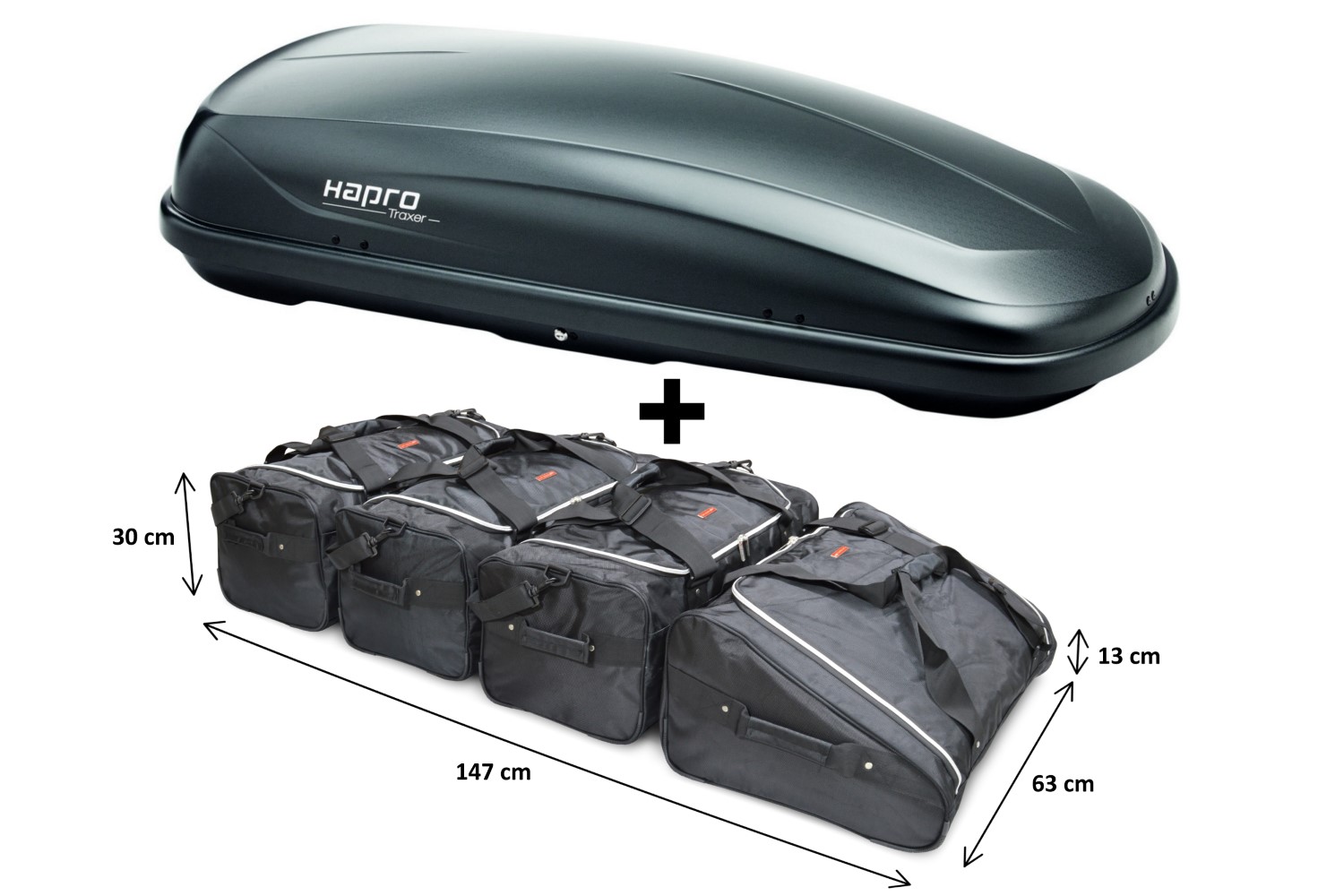 Dachbox Hapro Traxer 5.6 Anthracite mit Car-Bags.com Taschenset