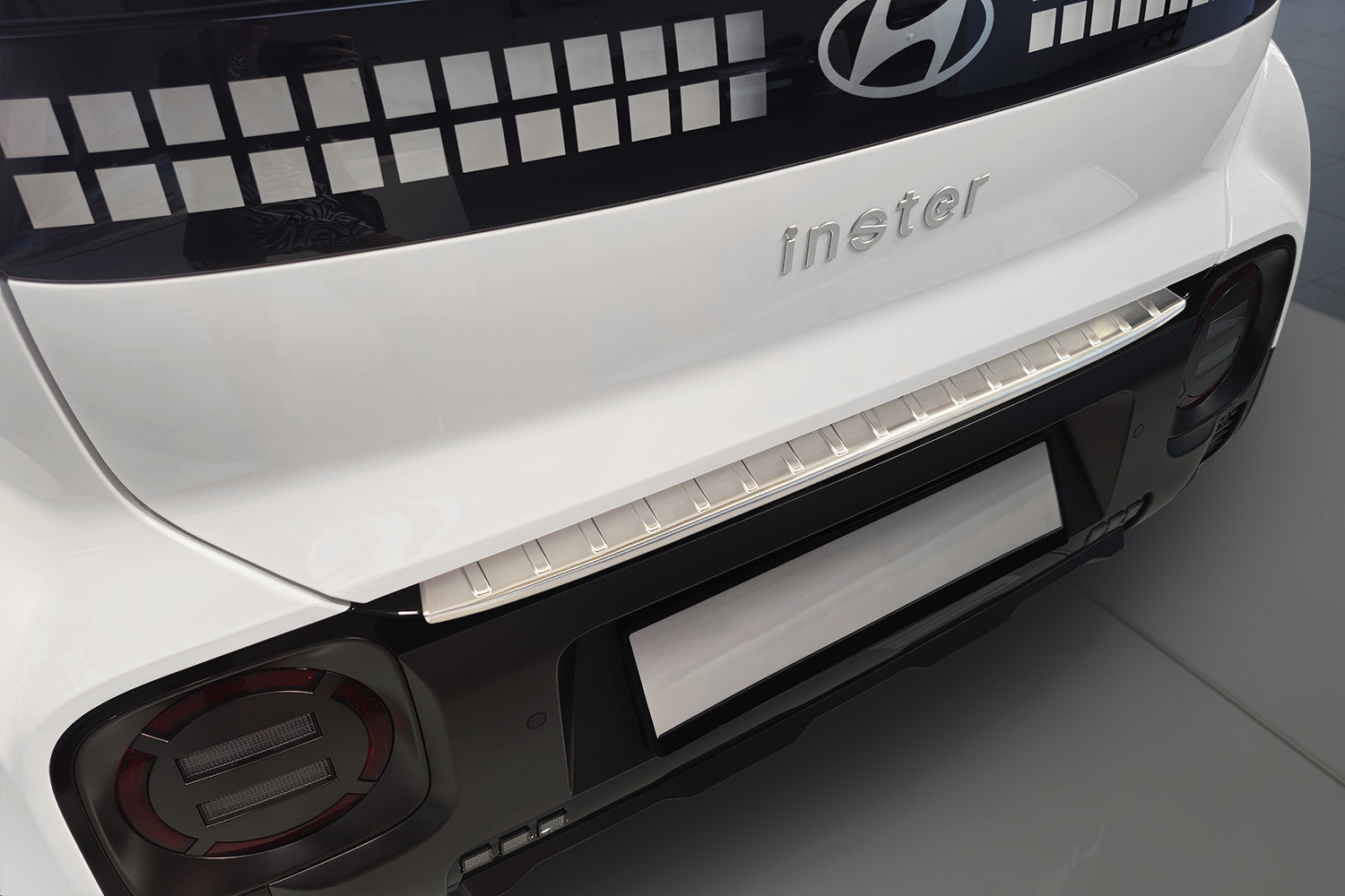 Rear bumper protector suitable for Hyundai Inster (AX1 EV) 2024-present 5-door hatchback stainless steel brushed Rear bumper protector suitable for Hyundai Inster (AX1 EV) 2024-present 5-door hatchback stainless steel brushed
